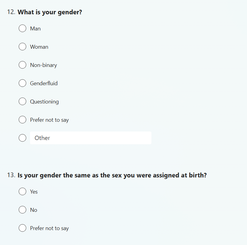 WRNNorfolk's tweet photo. Norfolk County Council Adult Social Services also have a problem collecting sex based data.  It doesn't collect sex data.
Who approved this revised question and answers?  "What is your gender?"  has the options Male, Female or the dog's breakfast of "Living in a gender that is different from the one assigned at birth." 

It's bad in a different way compared to the County Council 2024 pharmacy survey (on the right below) but still useless for sex based data analysis on the info provided by carers for vulnerable adults. 

Sex based data is essential, Ian Wake, Director of Adult Social Services. Collect the right data, high quality, robust data on sex. It is critical to effective policymaking. 

Note: No-one is "assigned a gender at birth". The Sullivan Review recommended against using the phrase ‘sex assigned at birth’. This phrasing is inaccurate and misleading, as sex is determined at conception and typically observed in utero or at birth.

@WomensRightsNet @SexMattersOrg @ProfAliceS