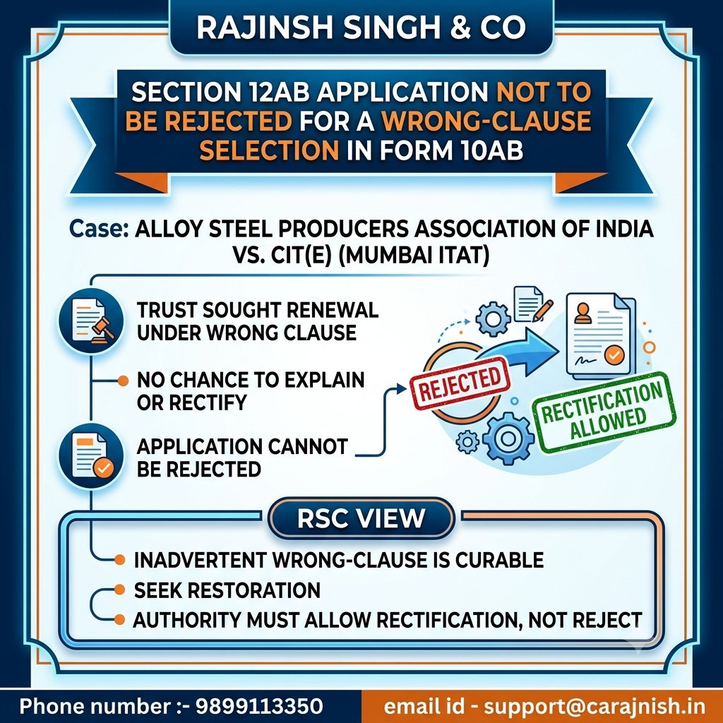 theRajnishkumar's tweet photo. Big relief for NGOs & trusts! A Section 12AB application shouldn't be rejected just because the wrong clause was selected in Form 10AB. Substance matters over technical errors.
#IncomeTax #Section12AB #Form10AB #NGO #TaxUpdate #Compliance #Finance #IndiaTax #RSC #Trending https://t.co/uMgxer09ym