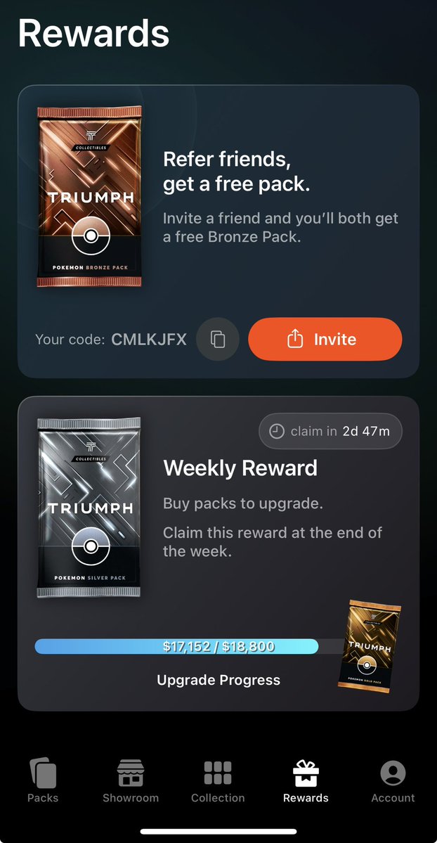 Tommyvantran31's tweet photo. https://t.co/pJ7QCAIHnZ
Use my referral link to win on Triumph Rips! Enter code CMLKJFX and get a card pack for free. #triump #rips
$25 bronze pack https://t.co/Sspmoc9w6J