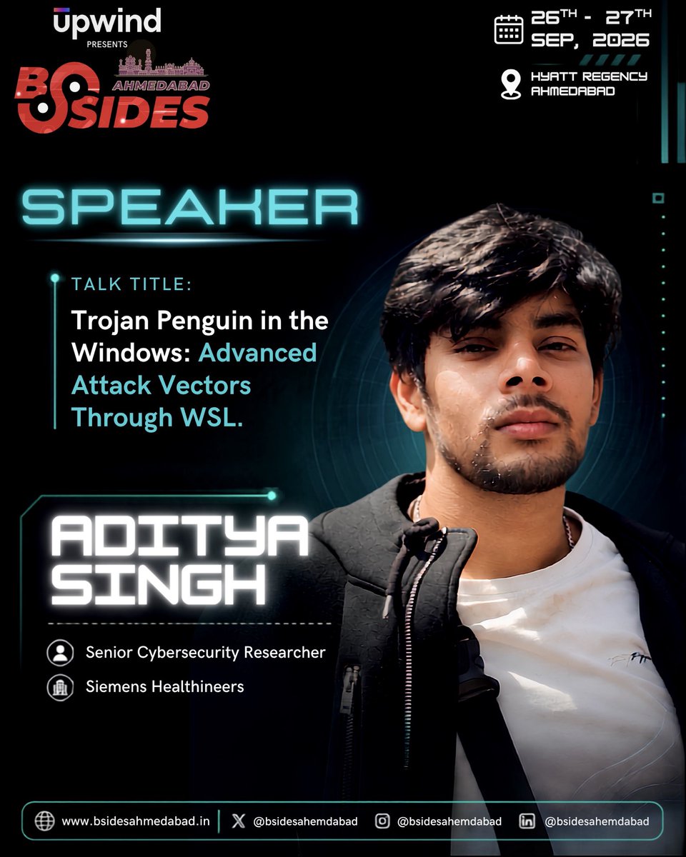 bsidesahmedabad's tweet photo. Windows users... this one's for you. 👀🔥

We're excited to welcome Aditya Singh as a Speaker at Upwind presents BSides Ahmedabad 0x7.

Talk: Trojan Penguin in the Windows: Advanced Attack Vectors Through WSL

Discover how the Windows Subsystem for Linux (WSL) can be leveraged as an attack vector, uncover stealth techniques that often go unnoticed, and explore the security implications every defender should know.

🎤 Speaker: Aditya Singh
Senior Cybersecurity Researcher, @SiemensHealth

If you think you know WSL... think again.

📍 Hyatt Regency, Ahmedabad
📅 26–27 September 2026

⚡ This is where the cyber community comes together. Grab your ticket NOW🎫 : 🔗https://t.co/ppHZdsuaUv

#BSidesAhmedabad #BSidesAhmedabad0x7 #WindowsSecurity #WSL #CyberSecurity #ThreatResearch #InfoSec