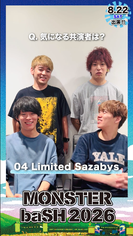 MONSTERbaSH_'s tweet photo. ／ 
📽️　アーティストコメント公開！　
＼

#モンバス　
8/22(土)出演！

04 Limited Sazabysからコメント動画が到着‼️
https://t.co/NTrI4Pkoxg

🎟️TICKET NOW ON SALE!!
 https://t.co/et5rkxnG4p https://t.co/ANjFayjSFQ