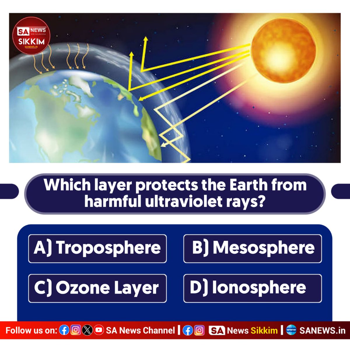 SanewsSikkim's tweet photo. #QuizTime || Which layer protects the Earth from harmful ultraviolet rays?
A) Troposphere
B) Mesosphere
C) Ozone Layer
D) Ionosphere
🎯Write your answer in the comment section & Follow for more interesting facts and information.
#sanewssikkim #sciencequiz #dailyquiz https://t.co/G15qMHnpvO