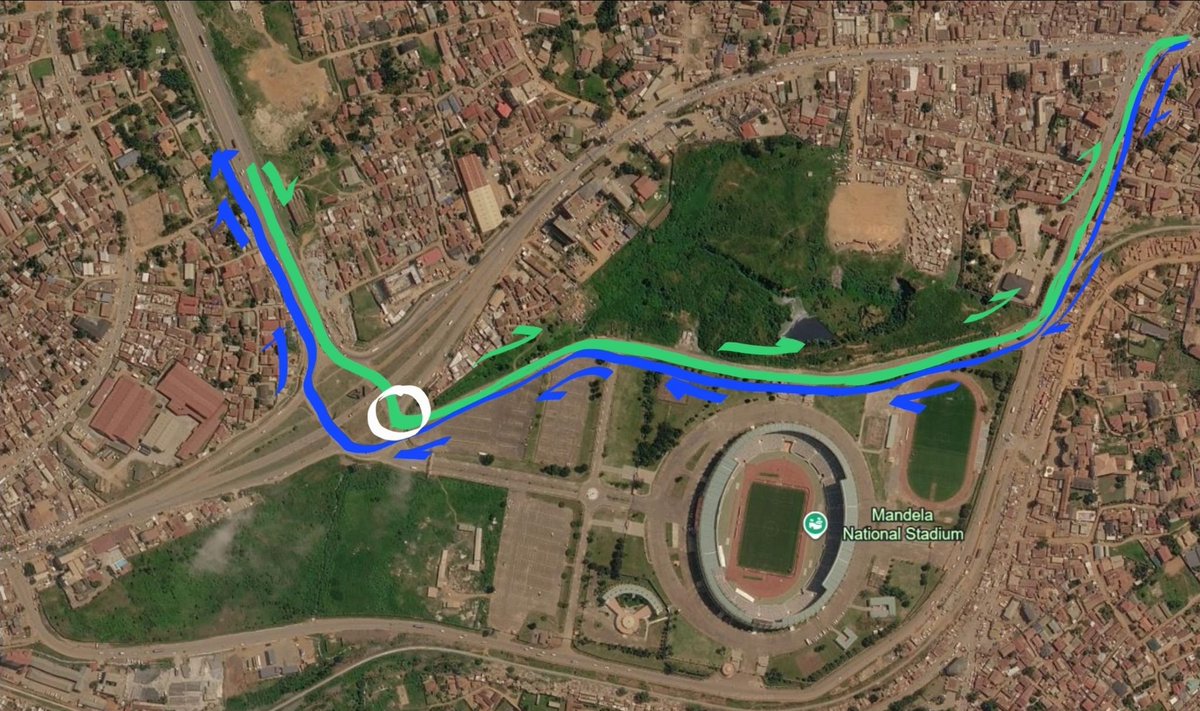 hopeconsults's tweet photo. In the meantime, this route could be repurposed to allow the Jinja bound traffic (green) to flow simultaneously with the Northern bypass bound traffic (blue). Jinja Highway is the ECONOMIC ARTERY of #Uganda. @MODVA_UPDF @mkainerugaba @KagutaMuseveni https://t.co/M4w7To8lQS