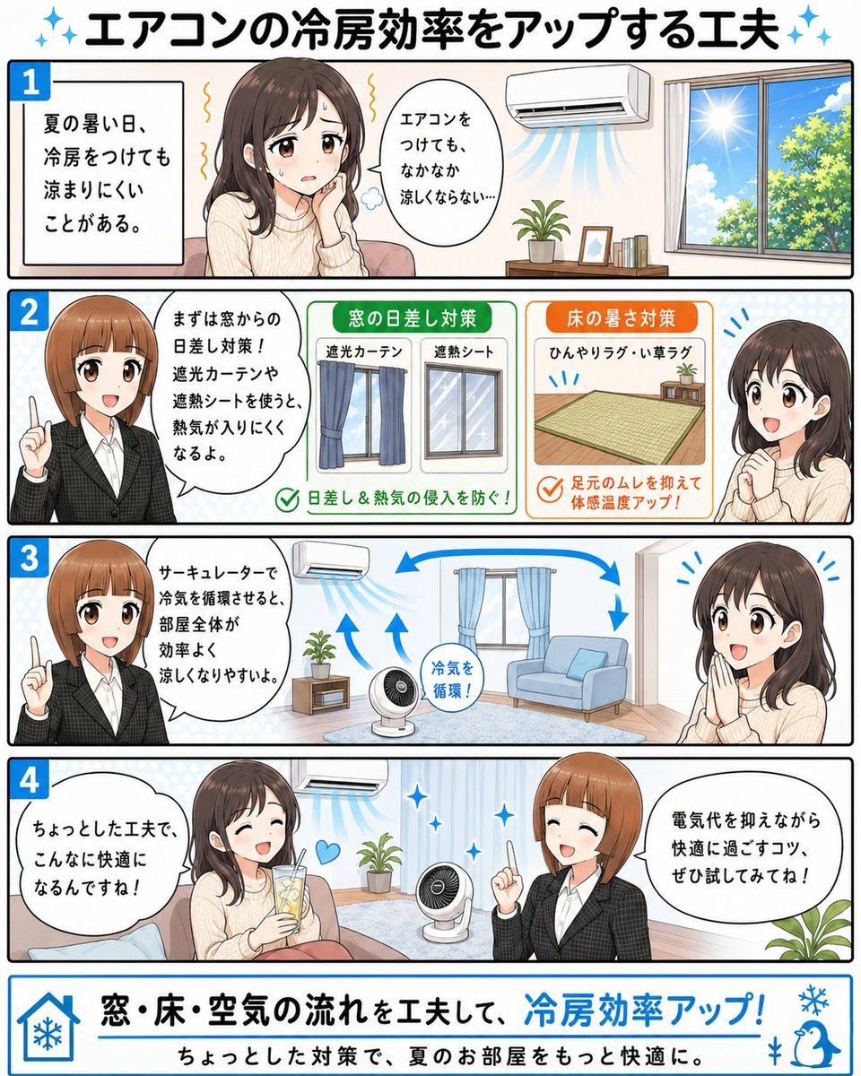 appleapaman's tweet photo. エアコンの冷房効率をアップする工夫

夏の暑さが厳しい日、「エアコンをつけてもなかなか涼しくならない…」と感じたことはありませんか？

そんなときは、ちょっとした工夫で体感温度をダウンできます。 https://t.co/b77UECzFpQ