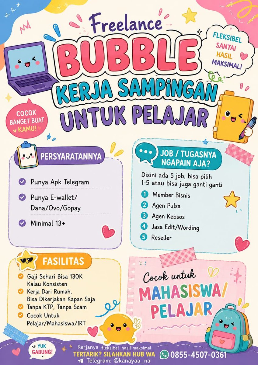 enayyp's tweet photo. @unyunkth MAU KERJA TAPI MASIH PELAJAR? tenang ak punya freelance bubble,yg join udh 72rb org,di kerjakan kpn saja,ada 5job,no scam jadi tinggal msuk grup bimbing aja,di ajarin sama ownny lngsung,AMANAH YA BANYAK KO TESTIENYA,minat cht tele https://t.co/j80b9PyNzX https://t.co/v68GzW2mXK