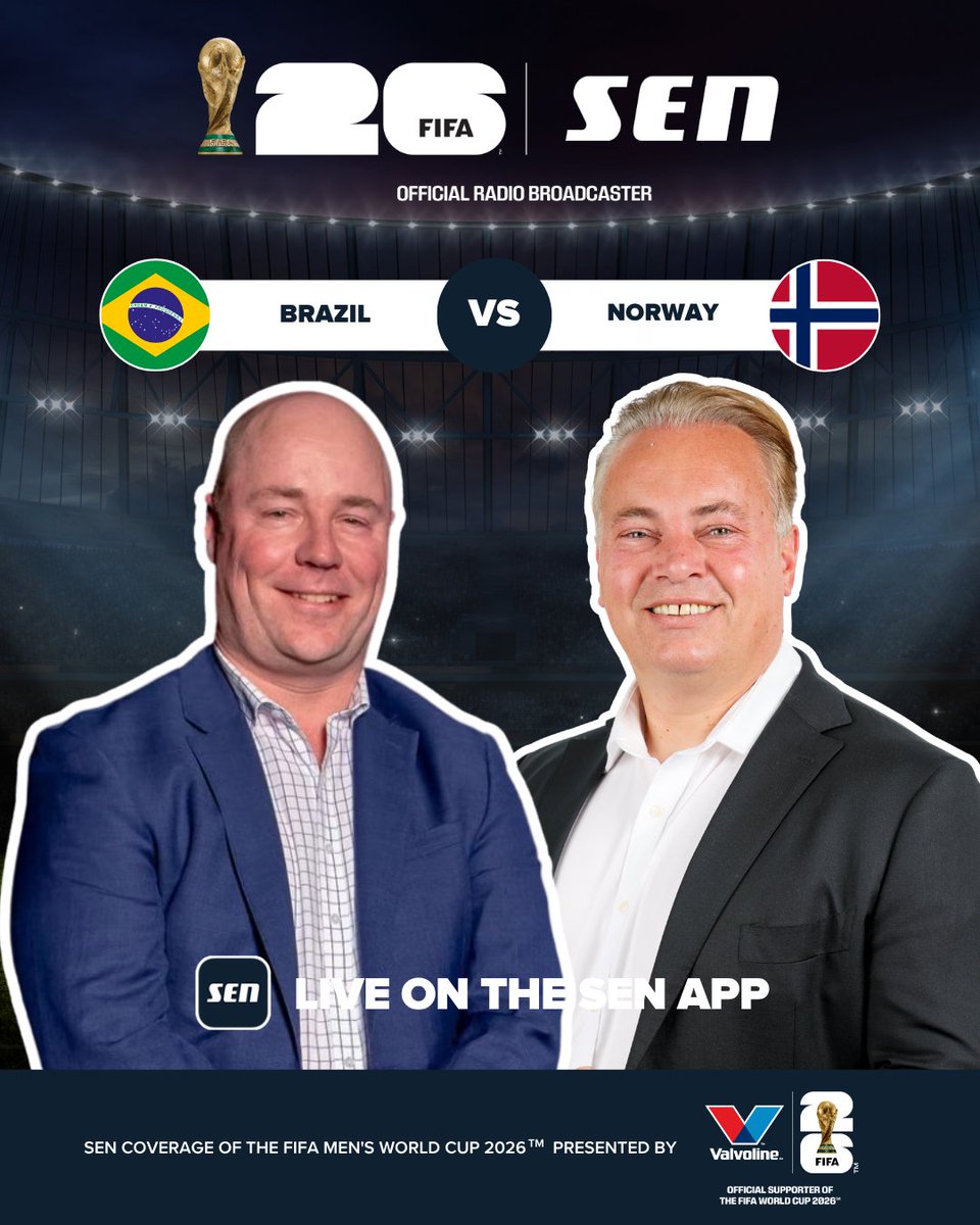 1116sen's tweet photo. You can catch @TheRealBozza and @BrentonSpeed's call of Brazil v Norway on SEN, with our coverage beginning from 5am AEST as both teams battle for a spot in the final eight.
📻https://t.co/ENTCxUG0Gi
📱https://t.co/1BehW0H4UM
#FIFAWorldCup | #Valvoline https://t.co/XkU570zFf3