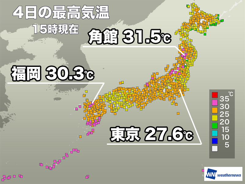 wni_jp's tweet photo. ＜九州は雨が弱まり蒸し暑さアップ＞
今日7月4日(土)は非常に暖かく湿った空気が流れ込んだ九州で気温が高く、雨が弱まった後に30℃を超えました。
北陸や東北日本海側も気温が上がり、一部で真夏日になっています。
https://t.co/mQ0FIvrDyC https://t.co/jB9gPALcni