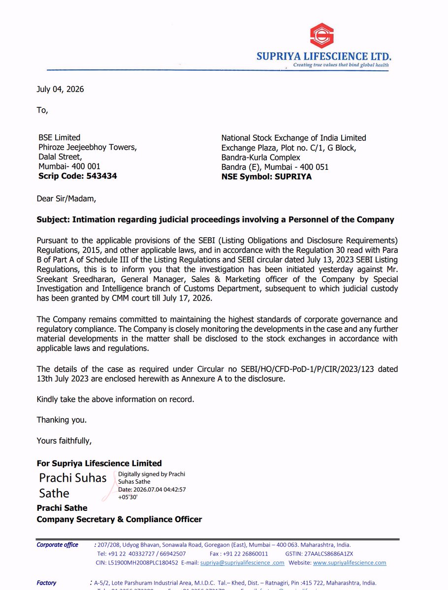 shiladitya4u's tweet photo. Supriya Life Sciences: 
It seems their GM, Sales have been taken into custody by the Customs Dept.

I don't know for sure, but it's very likely that the stock will tank as this looks like a serious offence !!

As investors, we can't anticipate such things.
Only way to control risk is by position sizing... 
I never go more than 12% even on my highest conviction stock. So, if you are putting 30-40-50% of your networth in 1 stock, think again !!