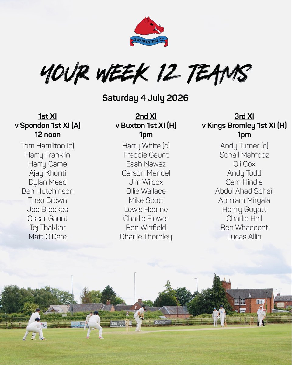 SwarkestoneCC's tweet photo. 1️⃣1️⃣ down, 1️⃣1️⃣ to go

We kickstart the second half of the season with three sides in action 👌🏻

Here’s your #SwarkyBoars🐗 teams https://t.co/HyxanB1aGA