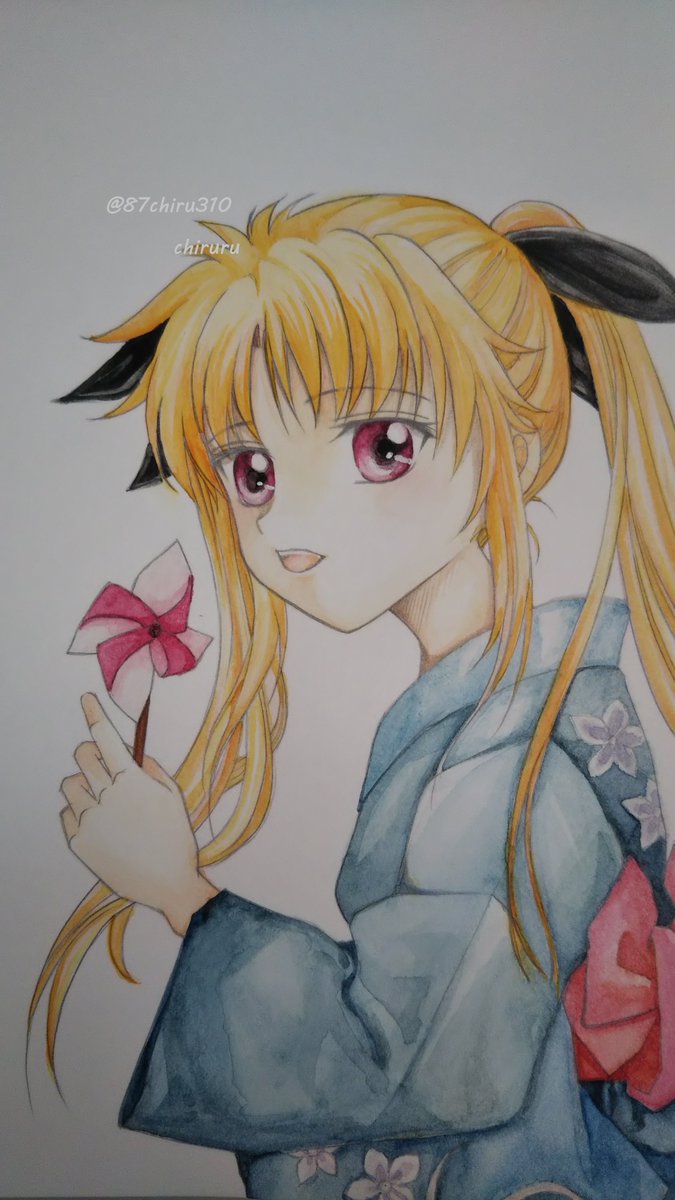 87chiru310's tweet photo. 今日の深夜に新作なのは！
もう一枚アナログで描いた絵があったので、応援投稿です💛
現物の絵は、なのは好きの元上司の元へドナドナされて行きましたが、画像が残ってました😊
水彩絵の具🖌️
#なのはEXGV https://t.co/JBgvwlHFOf