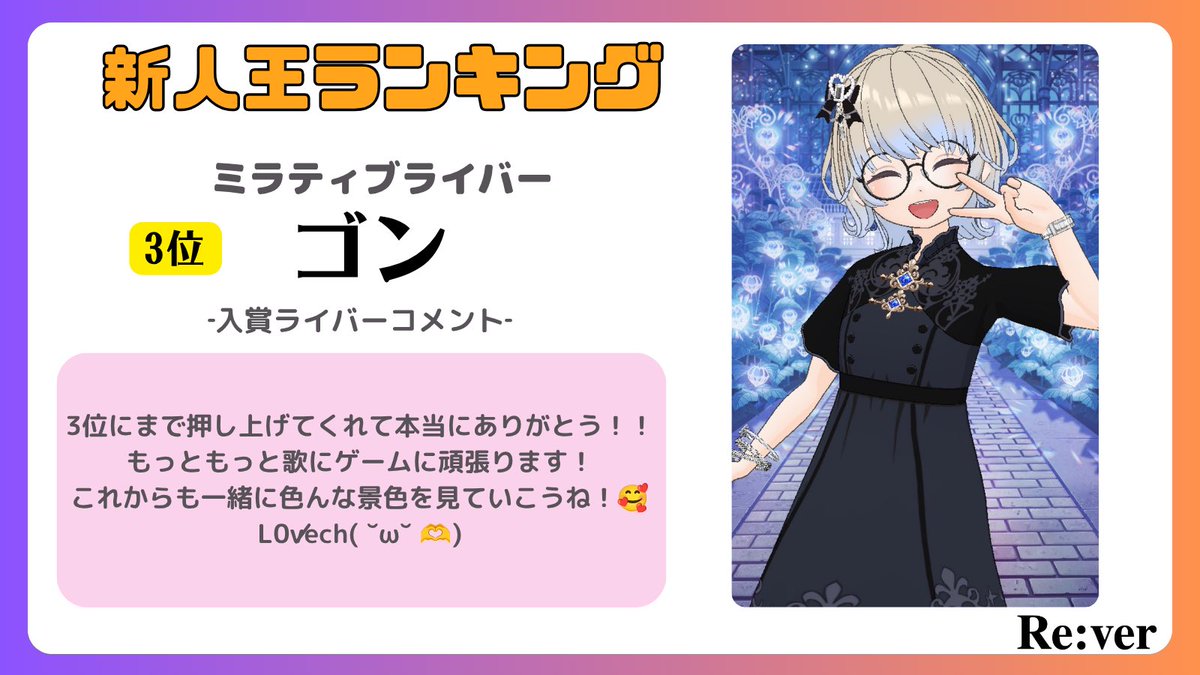 rever1127's tweet photo. 🔥ピックアップレビィライバー🔥
新人王ランキング3位🎉
/
ミラティブライバー
ゴン(@vfiw6)
\
是非配信に遊びにいってみてね👀✨

#ミラティブ https://t.co/10uepvqJgG
