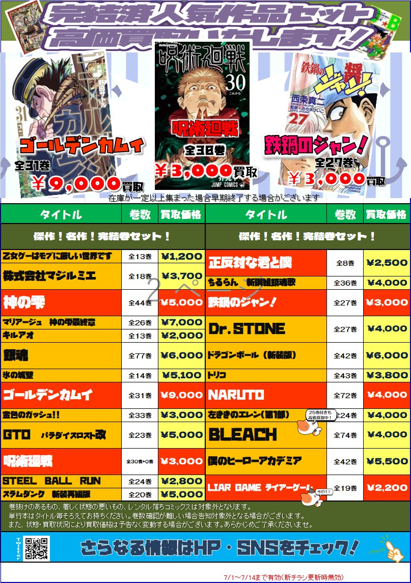 izumi_comic's tweet photo. こんにちは！！
万代泉店より7月前半期のセット買取告知です！

とうとう今月に映画公開のちいかわやキングダムを高価買取中！
また連載再開＆最新39巻発売のハンター×ハンターなど他にも高価買取いたしております！
詳しくは↓チラシを☑！！

#万代で遊ぶ買う #万代仙台泉店 #いずまん https://t.co/WVoCNZmYBQ