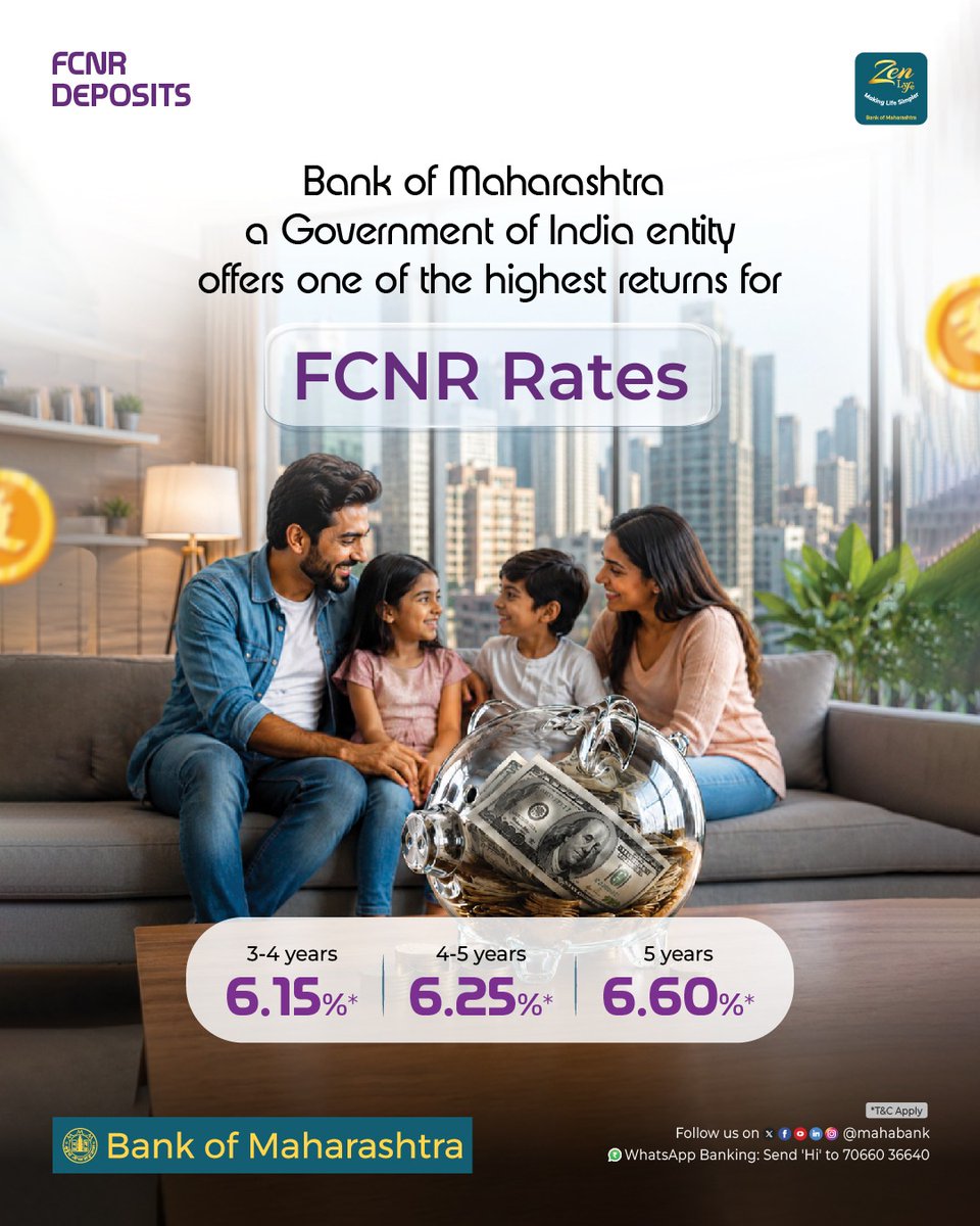 mahabank's tweet photo. Dear NRIs! This is your moment with Bank of Maharashtra FCNR Deposits. Attractive returns up to 6.60% make it the right time to secure your savings and grow with confidence. Invest today!
Click to apply digitally https://t.co/LKfgQyGJaX
#NRIBanking #FCNR https://t.co/GHls0iURJL