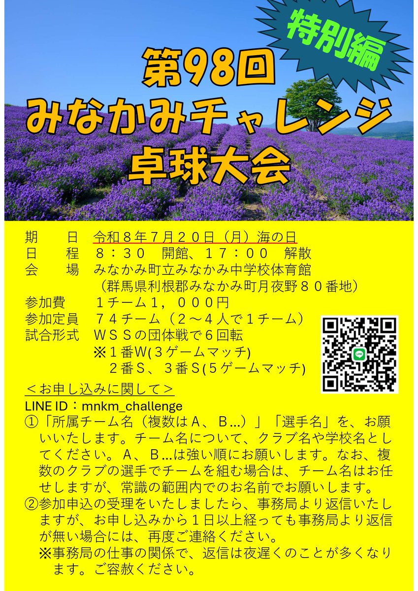 mnkm_challenge's tweet photo. #みなかみチャレンジ 特別編
#卓球
連日で開催します！
7月20日(月)＜３連休の最終日＞
第98回目のみなかみチャレンジは、特別編！
初の試み「ペアマッチ」形式です。
2～4人団体とし、1番W、2番S、3番Sで行う、初の試みです。
こちらも、参加をお待ちしております。 https://t.co/Agaa6fryR0