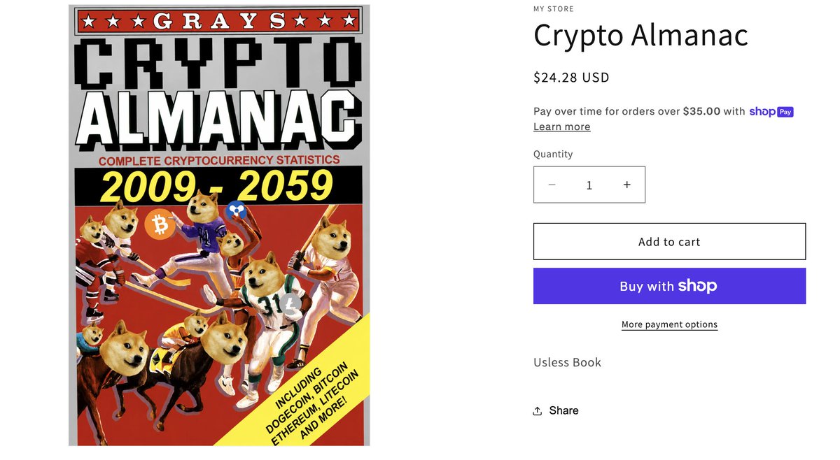 Humanevolvd's tweet photo. 📝 Crypto Almanac Thread 🪡

  So the meme itself is 9 years old and has since been archived on Reddit.  Being full on degenerates we came up with a ridiculous idea, what if we made this into a real book on stream?  
In the time span of less than an hour it has been published. 
  The book is completely useless you probably should not waste your money, it’s 200 pages of just
 “CRYPTO $ALMANAC AXZwCi7p4suNvLWXwCJDUFE1e6Cu7iH8Bf5jLLBspump”.   
RWA: https://t.co/hJirag0nl7
Reddit: 
https://t.co/CG8BRa26RP