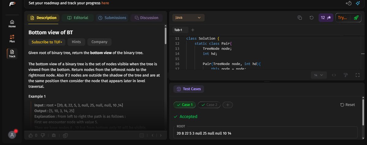 pritesh_sorte_'s tweet photo. 🗓️ Day 34  –  45 Days #SDESheetChallenge
Topic - Binary Tree | Solved 4 problems
108. Morris Preorder Traversal
109. Right/Left View of BT
110. Bottom view of BT
111. Top view of BT https://t.co/r3QOb89S4M