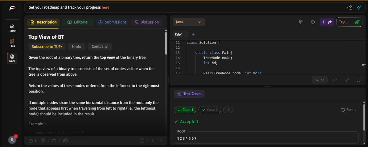 pritesh_sorte_'s tweet photo. 🗓️ Day 34  –  45 Days #SDESheetChallenge
Topic - Binary Tree | Solved 4 problems
108. Morris Preorder Traversal
109. Right/Left View of BT
110. Bottom view of BT
111. Top view of BT https://t.co/r3QOb89S4M