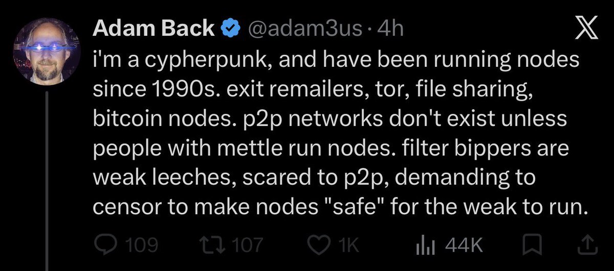 Dimi_h's tweet photo. Dear Adam..
I know you try to virtue signal your "cypherpunk" status by mentioning past history.

.. but it does not matter as you burnt your reputation.
I've been doing the same thing in the early 2000's when things like Kazaa, Bittorrent etc.. were at their peak.

One thing I remembered clearly is that I only put available TRUSTED files and hosted files which actually worked. Linkin Park and Evanescence songs, some games I could not afford,...

All of them were kept up with me as a peer (node) in the network that was trusted. Only because I did not host malicious software that could harm others in the network.

Taking this to Bitcoin, my node can be trusted because I set my policy settings for maximal monetary use (and no additional arbitrary data relay).

I updated to a KNOTS+BIP110 version for that same reason.
Monetary maxi use. I am not scared to go p2p. I only prioritize network health and not relay trash data which never should have had a place on Bitcoin to begin with.
You, and other Core supporters, only want to see increasing network activity no matter what it is. I want to see use as intended:
As a peer-to-peer electronic cash system. 

And that's our main difference. I am a (cypher)punk.
You became the sell-out industry.