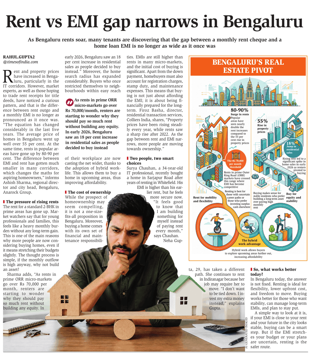 naashonomics's tweet photo. Bengaluru's rent vs EMI gap is shrinking. With prime ORR rents crossing ₹70K/month and rents up 80–90% in 5 years, more professionals are choosing to build equity instead of paying ever-higher rents. 🏡📈 https://t.co/SGKx1QthhI