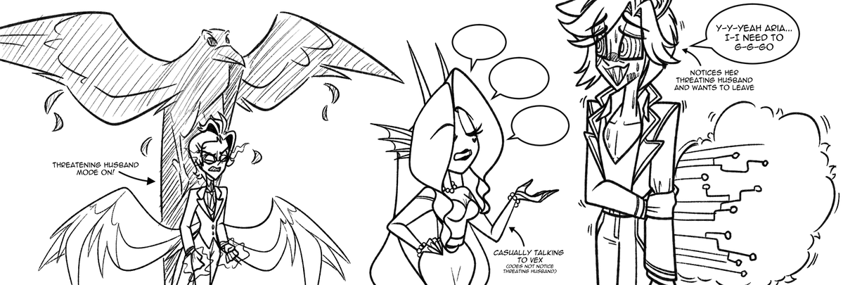 iamairika's tweet photo. Inspired by Edward ( @AGrumpyBirb ) canonically not liking Vex ( @Solav46 )
And an excuse to draw the husband going body guard mode on his wife when he's around~ ๐คญ
And perspective practice for myself.
#HazbinHotelOC | #HelluvaBossOC | #HHOC | #HBOC | #OC https://t.co/FhZRcb3qpP