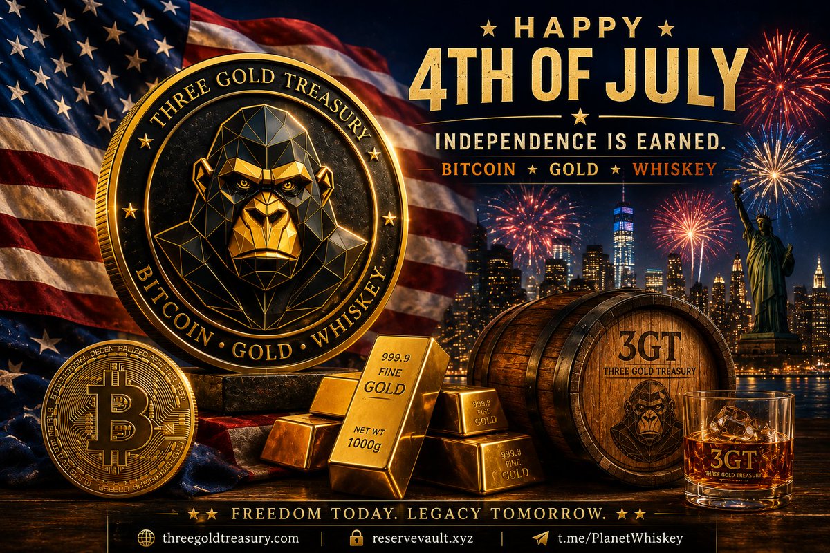 planetwhiskey's tweet photo. Freedom isn't just a celebration.

It's the ability to think long term, build patiently, and preserve real value for generations.

Today we celebrate independence.
Every day we build our legacy with Bitcoin, Gold, and Whiskey.

Happy 4th of July from the Three Gold Treasury community. 🇺🇸

🌐 https://t.co/MxzWcqvpfa
🏛️ https://t.co/fSMoxx9pbG
🥃 https://t.co/vFjgWWKjZa