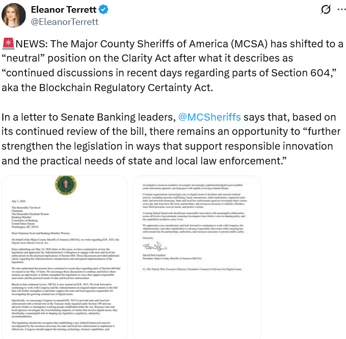 Cointelegraph's tweet photo. 🚨 LATEST: Major County US sheriffs have dropped their opposition to the CLARITY Act. https://t.co/Q262M0JH75