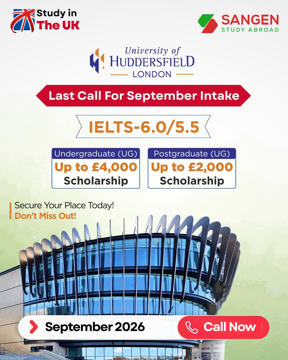sangenedultd's tweet photo. Up to £4,000 Scholarship for Undergraduate and £2,000 for Postgraduate programs at the University of Huddersfield London.

Dhaka Office: 104, Meem Tower (3rd Floor), Opposite Metro Shopping Center, Dhanmondi, Dhaka-1215 

📞 বিস্তারিত জানতে ফোন করুন:01896047007, 

#studyinuk https://t.co/4Cw0aTMWmf