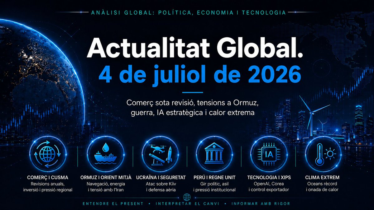 VParrillaAixela's tweet photo. La darrera setmana ens deixa una agenda internacional marcada per la fragmentació de les aliances tradicionals, una intervenció estatal creixent sobre la tecnologia estratègica i nous senyals inequívocs de l’agreujament de la crisi climàtica. Us resumim les 10 claus executives per entendre la direcció del món avui:

1️⃣ «CUSMA zombi» i incertesa comercial

La negativa dels Estats Units a estendre ara per setze anys més el tractat de lliure comerç d’Amèrica del Nord activa una fase de revisions anuals. El CUSMA continua plenament vigent fins al 2036, però la manca d’una pròrroga introdueix incertesa sobre les futures condicions comercials i pot afectar les decisions d’inversió al Canadà, Mèxic i els Estats Units.

2️⃣ Pols a l’estret d’Ormuz

El trànsit marítim per una de les principals artèries energètiques del món continua sotmès a una intensa pressió diplomàtica i militar. L’Iran reclama que se’n reconegui l’autoritat sobre el trànsit i planteja començar a cobrar peatges als vaixells, mentre Washington rebutja qualsevol control unilateral sobre una via que considera internacional. Les converses indirectes de Doha han aconseguit avenços limitats, però no han resolt la disputa.

3️⃣ Proclamació de Keiko Fujimori al Perú

El Jurat Nacional d’Eleccions ha certificat oficialment la victòria de la candidata conservadora per una diferència de 49.641 vots. Fujimori va obtenir el 50,135% dels sufragis, davant el 49,865% de Roberto Sánchez, i assumirà la presidència el 28 de juliol. El seu programa promet afavorir la inversió privada i desplegar una política especialment dura contra el crim, però haurà de governar un país profundament polaritzat i amb un Congrés fragmentat.

4️⃣ Reforma migratòria disruptiva al Regne Unit

El Govern britànic ha presentat una nova reforma d’immigració i asil a la Cambra dels Comuns. Entre les mesures més controvertides, preveu que determinades persones reconegudes com a refugiades hagin de reemborsar, en funció dels seus ingressos, aproximadament 10.000 lliures —uns 13.000 dòlars— pels costos d’allotjament i manutenció abans de poder accedir a l’estatus permanent. Els llindars salarials i altres detalls d’aplicació encara no s’han concretat.

5️⃣ Ofensiva aèria russa contra Kíiv

Rússia ha llançat una de les ofensives més destructives de l’any contra la capital ucraïnesa, amb 496 drons i 74 míssils. El balanç posterior va arribar almenys als 30 morts, més de 90 ferits i prop de 130 edificis afectats. Moscou va presentar l’atac com una represàlia per les incursions ucraïneses contra infraestructures russes, mentre Kíiv va denunciar que els retards occidentals en el lliurament de defenses aèries havien agreujat les conseqüències del bombardeig.

6️⃣ Neteja ètnica a El Fasher, al Sudan

Un informe d’Amnistia Internacional conclou que les Forces de Suport Ràpid van cometre crims contra la humanitat i actes de neteja ètnica durant la campanya per controlar El Fasher, al Darfur del Nord. L’organització documenta assassinats, tortures, violacions, esclavitud sexual i persecució de comunitats no àrabs, i reclama un alto el foc immediat, investigacions penals i el desplegament urgent d’una força internacional de protecció.

7️⃣ OpenAI i la seguretat nacional

OpenAI manté converses preliminars sobre la possibilitat d’aportar un 5% del seu capital a un vehicle públic vinculat al Govern dels Estats Units. Sam Altman defensa un model inspirat en el Fons Permanent d’Alaska que permeti compartir amb la ciutadania una part dels beneficis econòmics de la intel·ligència artificial. La iniciativa encara no és un acord formal i podria necessitar autorització legislativa, però evidencia la creixent convergència entre la indústria de la IA, la política econòmica i la seguretat nacional.

8️⃣ Megapla tecnològic de Corea del Sud

Corea del Sud coordina un conjunt d’inversions públiques i, sobretot, privades que poden arribar als 1.350 bilions de wons, aproximadament 880.000 milions de dòlars. L’estratègia combina semiconductors avançats, centres de dades i infraestructura d’IA, robòtica i automatització industrial, amb la voluntat addicional de distribuir part del creixement tecnològic fora de la regió metropolitana de Seül.

9️⃣ Detencions en el sector tecnològic de Taiwan

La detenció de dos treballadors de Super Micro a Taiwan ha posat el focus sobre les xarxes de desviació de tecnologia avançada. La fiscalia investiga una presumpta falsificació de documents i l’exportació irregular de servidors equipats amb xips de Nvidia sotmesos a restriccions nord-americanes. Super Micro afirma que no és l’objectiu formal de la investigació i que està cooperant amb les autoritats.

🔟 Oceans amb una resiliència cada vegada menor

Copernicus ha confirmat que la temperatura global de la superfície del mar va assolir nous màxims per a un mes de juny. Les diferents sèries van registrar valors diaris de 20,86 °C i fins a 21 °C el 21 de juny, superant els registres equivalents de 2023 i 2024. Paral·lelament, l’Organització Meteorològica Mundial estima una probabilitat del 80% que es desenvolupi un episodi d’El Niño durant el període juny-agost, encara que la seva intensitat màxima continua sent incerta.

El rècord oceànic coincideix amb una onada de calor europea excepcional. Les darreres dades disponibles indiquen almenys 3.700 morts excedentàries només a França, Bèlgica i els Països Baixos entre el 20 i el 28 de juny, una xifra provisional que supera estimacions continentals publicades anteriorment.

Tota la informació detallada al nostre article a Patreon.

🔗 https://t.co/kPE3PIW7wk