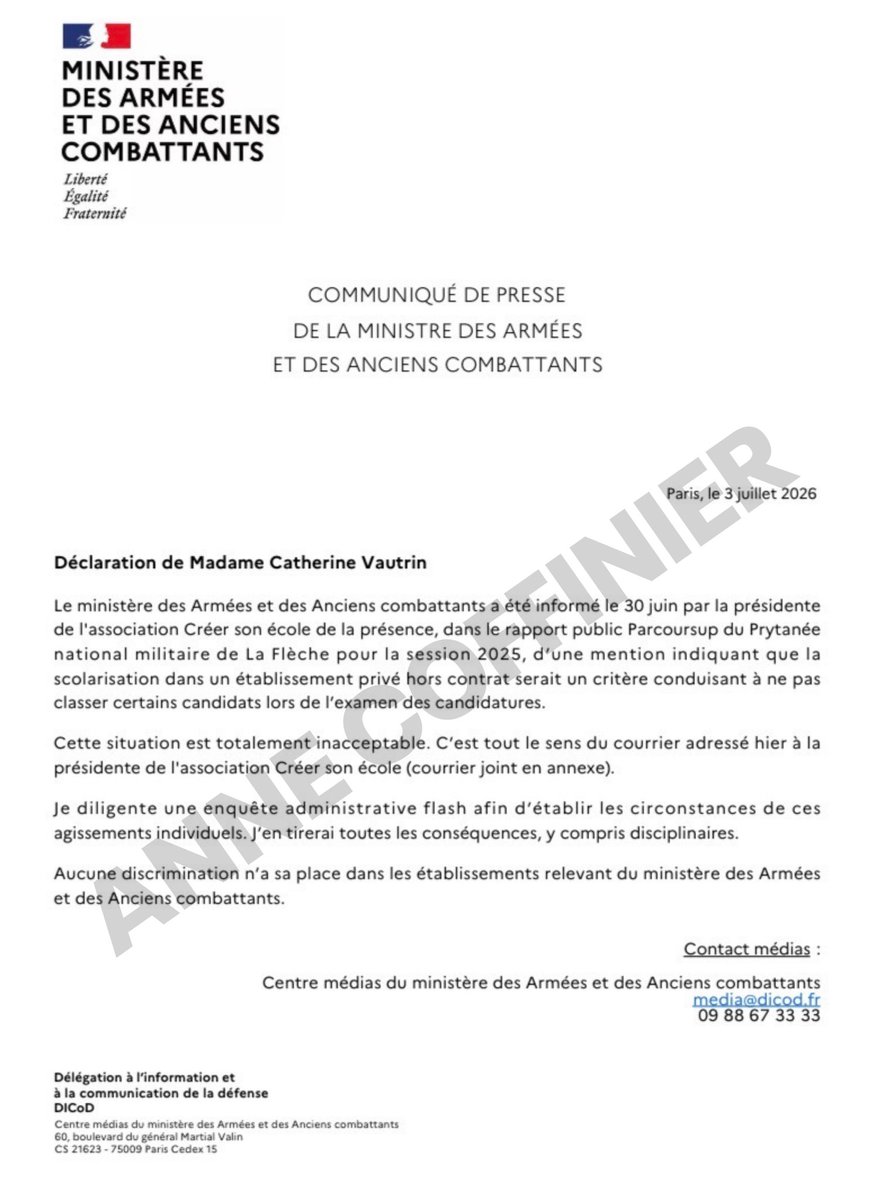 AnneCoffinier's tweet photo. 🚨 EXCLU — Affaire des élèves du hors-contrat au Prytanée de La Flèche.

PREMIÈRE VICTOIRE : c’est notre signalement, et notre action concrète avec Créer son école, qui a révélé cette discrimination et poussé la ministre des Armées à agir de manière immédiate !

Elle qualifie ces DISCRIMINATIONS de « totalement inacceptables », diligente une enquête administrative immédiate et annonce de potentielles SANCTIONS disciplinaires.

Première victoire. Nous ne lâchons rien. ⚔️
