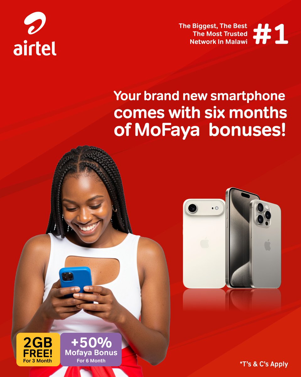 AirtelMalawiPlc's tweet photo. 𝗞𝗨𝗠𝗔𝗡𝗝𝗢𝗬𝗔!
Get a 𝟱𝟬% 𝗕𝗢𝗡𝗨𝗦 on every MoFaya bundle for 6 months when you buy any brand new smartphone and register it with Airtel. As an added bonus, enjoy 𝟮𝗚𝗕 𝗙𝗥𝗘𝗘 data each month for 3 months to keep you even more connected.
#AirtelMalawi #MoFaya https://t.co/8jhxFGL0my