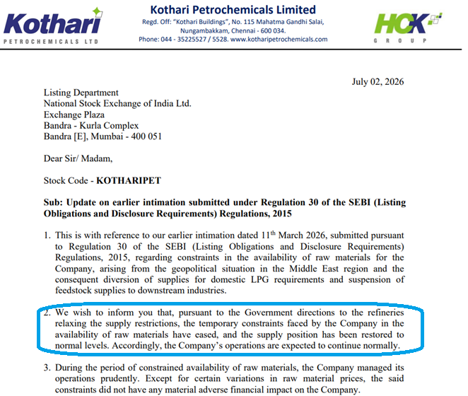 EkanshMittal_KW's tweet photo. Feb 2026: Strait of Hormuz shuts. India's LPG supply collapses. Industrial feedstock suspended.

July 2026: Kothari Petrochemicals files on NSE —

"Supply position restored to normal. Operations expected to continue normally."

Research desk - https://t.co/WyQP2PZOrl

SEBI RA - Ekansh Mittal Proprietor Mittal Consulting, INH100001690