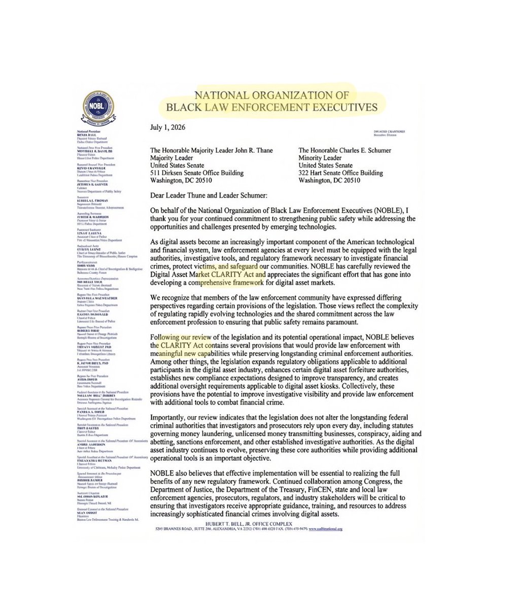 cryptorover's tweet photo. CLARITY ACT RECEIVES MAJOR LAW ENFORCEMENT SUPPORT.

🇺🇸 The National Organization of Black Law Enforcement Executives (NOBLE) has endorsed the CLARITY Act, submitting a letter of support to U.S. senators.

The group says the bill would give law enforcement stronger tools to combat crypto-related crime while preserving existing enforcement powers.

The endorsement could boost political backwind of the CLARITY Act.