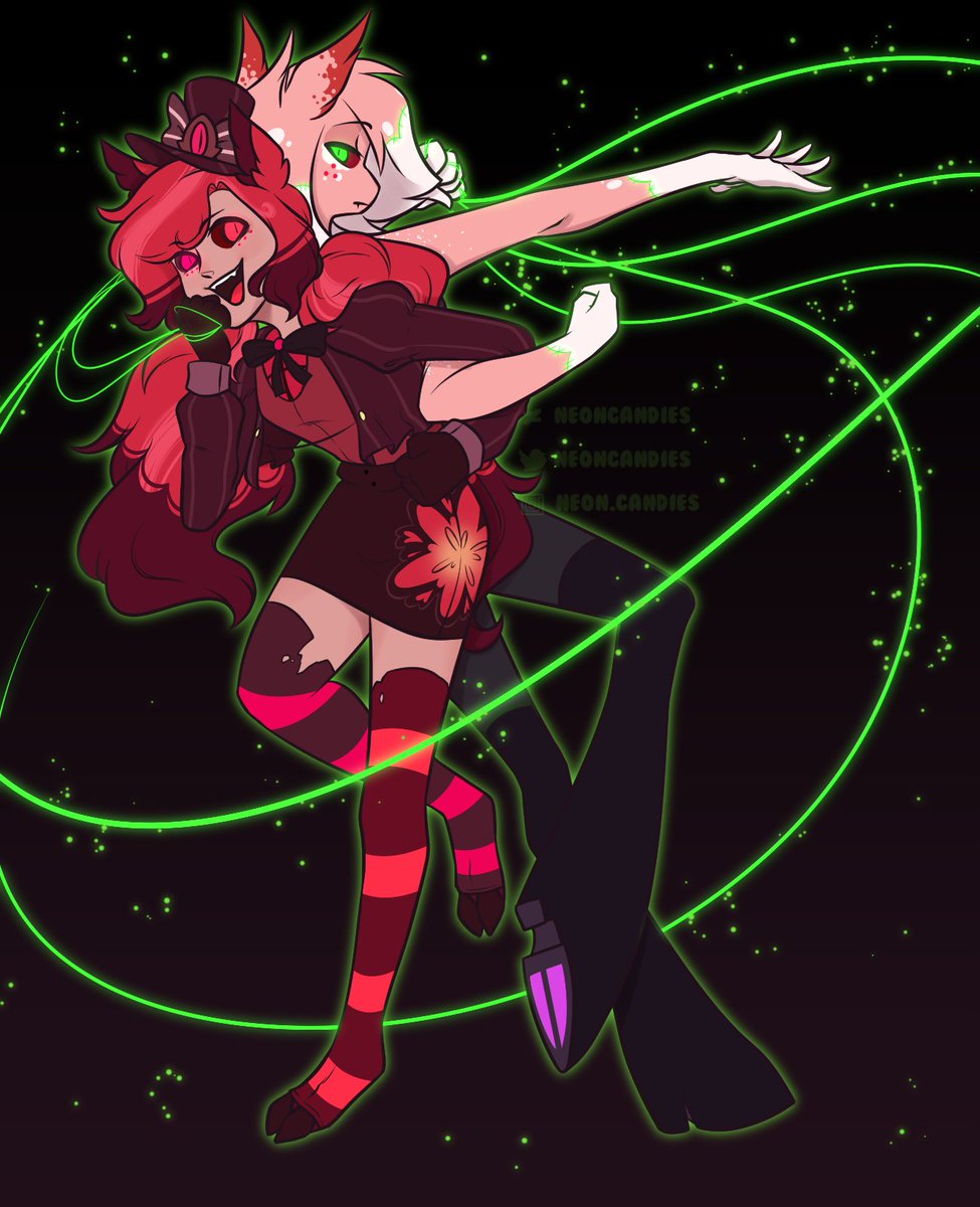 NeonCandies's tweet photo. Starting off Art Fight with of course these two~

An attack on the lovely @Asmostly_s and their radiodust fankid Tyranny! Plus a bonus Annie. Here's to another year of art fight 🎉 https://t.co/fD38UI5JBV