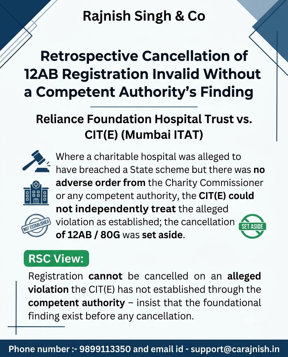theRajnishkumar's tweet photo. Retrospective cancellation of 12AB registration is invalid without a finding by the competent authority. A significant ruling reinforcing due process and certainty for trusts & NGOs.
#IncomeTax #Section12AB #TaxUpdate #NGO #TaxLaw #Compliance #Finance #IndiaTax https://t.co/3wjIABEWOe