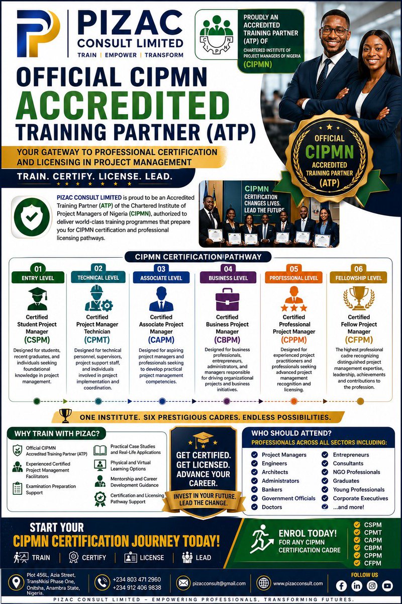 AzunnaChikwendu's tweet photo. 📢 *ARE YOU INVOLVED IN PROJECT DELIVERY?*

*PIZAC CONSULT LIMITED* is an *Accredited Training Partner (ATP)* of *CIPMN*, offering licensing training for:
✅ CSPM | ✅ CPMT | ✅ CAPM
✅ CBPM | ✅ CPPM | ✅ CFPM

If you're involved in planning, managing projects see flyer for more https://t.co/6i4XMiRyW4