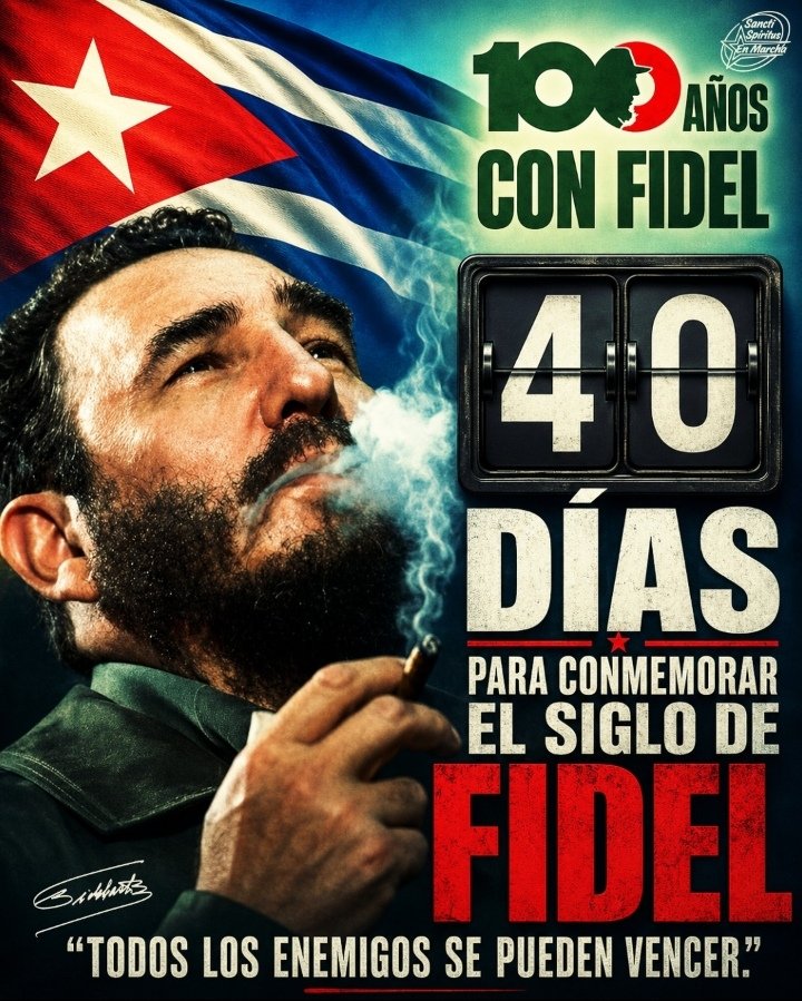 ssp_enmarcha's tweet photo. ⏳ A 40 días de conmemorar el siglo de Fidel, su palabra nos convoca a no rendirnos, a no claudicar, a transformar los peligros en victoria.

Que ningún enemigo por poderoso que parezca detenga la marcha de un pueblo que sabe vencer. ❤️🖤

#100AñosConFidel
#SanctiSpíritusEnMarcha https://t.co/DYdDPjZKJz