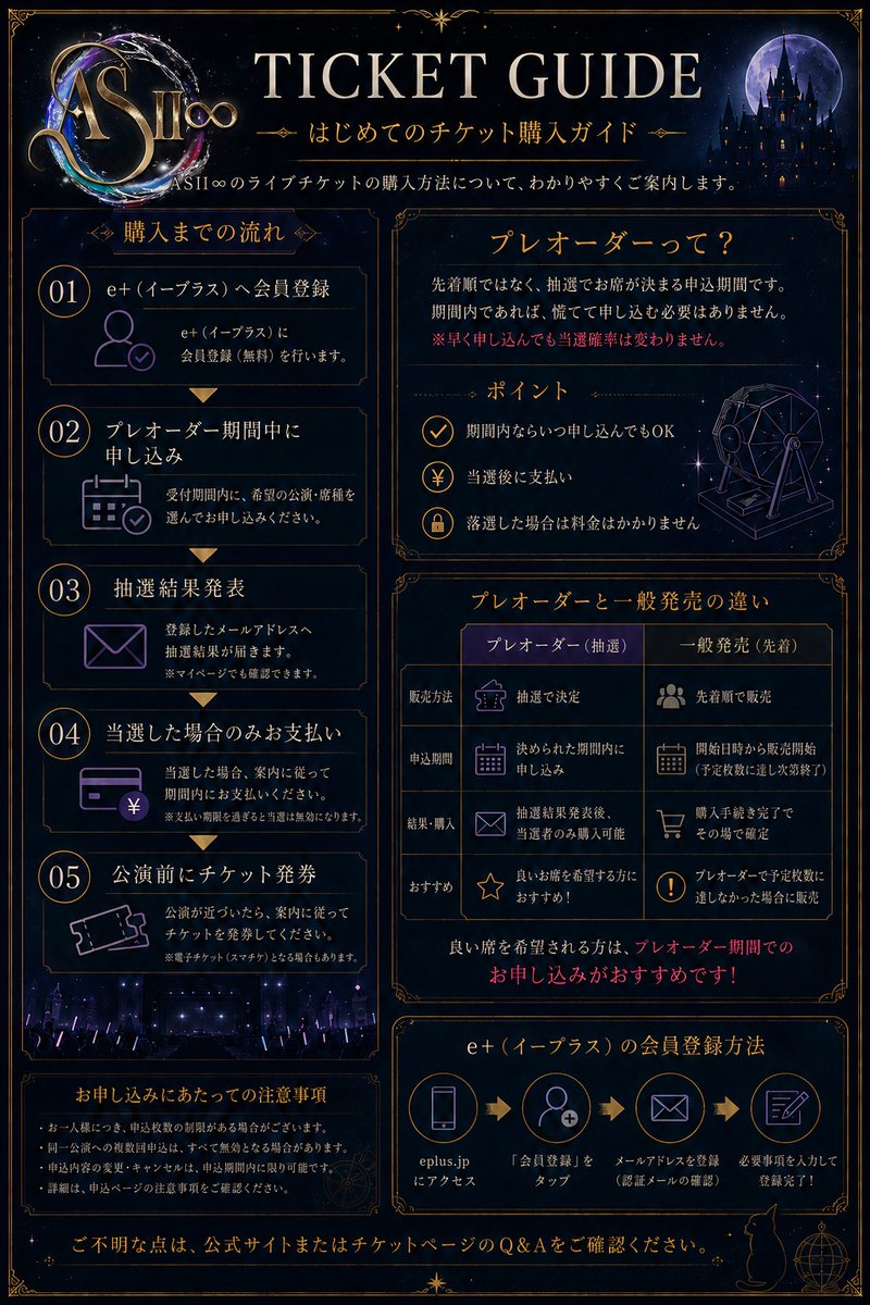 AS2Loop's tweet photo. 【TICKET GUIDE】
「ライブのチケットを申し込むのは初めて…」

そんな方でも大丈夫。

プレオーダーは、受付期間内に申し込めば抽選で当選者が決まる仕組みです。
焦って開始直後に申し込む必要はありません。

お申し込みの流れを画像で分かりやすくまとめましたので、ぜひご確認ください。

ASⅡ∞ Story Live Show
Felis編 EP.I「ようこそ、聖猫教会へ」
プレオーダー申込開始
7月9日(木) 10:00〜 🎫

✴︎明日のお知らせは『LIVE FLOW』をお届けします。