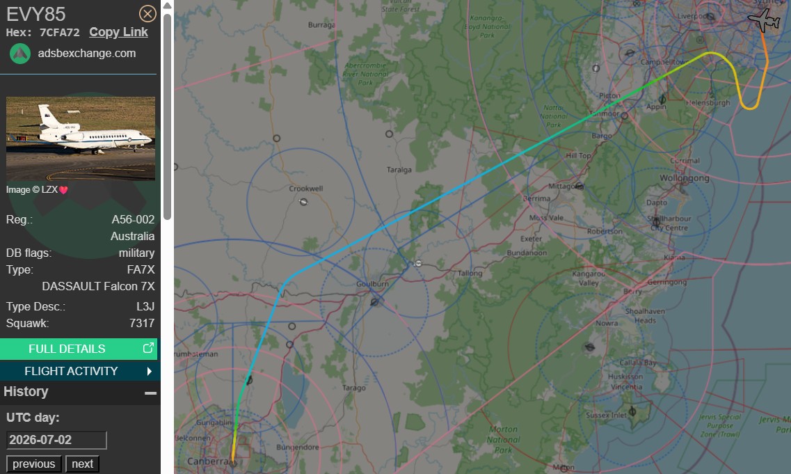 raaf_vip's tweet photo. With the PM Anthony Albanese on board yesterday.
Dassault Falcon 7X // A56-002 // Envoy 85
Route: Canberra (CBR) - Sydney (SYD)
🛫: 21:33 UTC on 02/07/2026 (03/07/2026 AEST)
🛬: 22:05 UTC
#RAAF #AusAirForce #A56002 #Sydney https://t.co/ABkgA2boNy