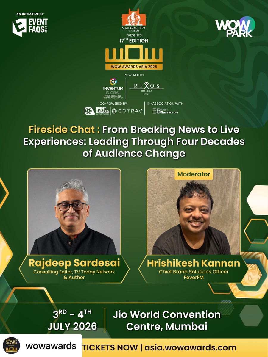 HrishiKay's tweet photo. I remember in the late 90s my dear friend @shivithukral had just joined @ndtv and he used to be full of tales of that pioneering magical office.🤩 @sardesairajdeep featured very prominently in his anecdotes. Almost 3 decades later it’s time for me to sit across #Rajdeep and talk to him about four decades of audience chance today at the @WOWAwardsAsia 📰📺🛜 Secretly I wish I could just spend the entire time talking about today’s India England T20i  cricket clash at Old Trafford, Manchester 😂🤣 but theres a time and place for that. See you guys there. @JWCCMumbai Thanks #DeepakChoudhary @navneethmohan @EVENTFAQS #EEMA for inviting us