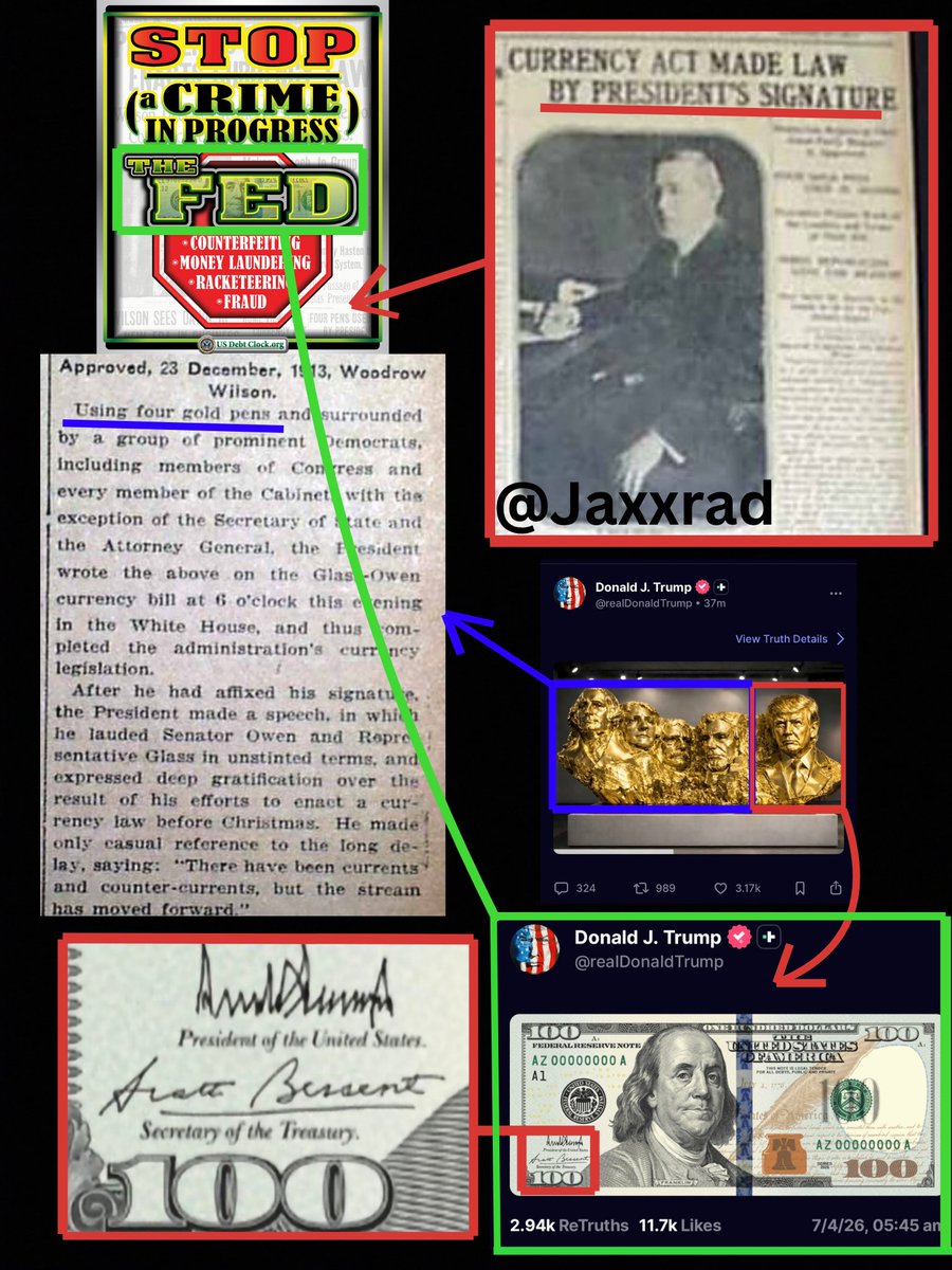 Jaxxrad's tweet photo. President Trump is making it Evidently Clear!!
Us debt clock image: 
[THE FED] Jefferson image.
Background: Wilson signed with 4 GOLD PENS.
Trump Post: [4] Golden Rushmore with Trump added....
Trump Post: 100 $  (Jefferson) Trump signed same as Q drop #1776 (Pen) 
Jefferson opposed the Central Bank by the Constitution!