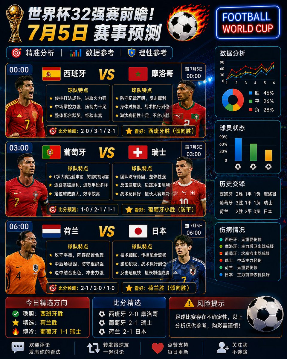 edugol_01's tweet photo. ⚽ 世界杯1/8决赛｜7月5日赛事预测

📊 今日三场焦点战已整理完成！

🏆 稳胆方向已给出
🎯 比分参考同步更新
以上仅为个人赛前分析，仅供交流参考，不构成任何建议。

💬 你最看好哪支球队晋级？评论区一起讨论，赛后复盘！

#世界杯 #WorldCup #足球预测 #足球分析 https://t.co/5fU8JnqO10