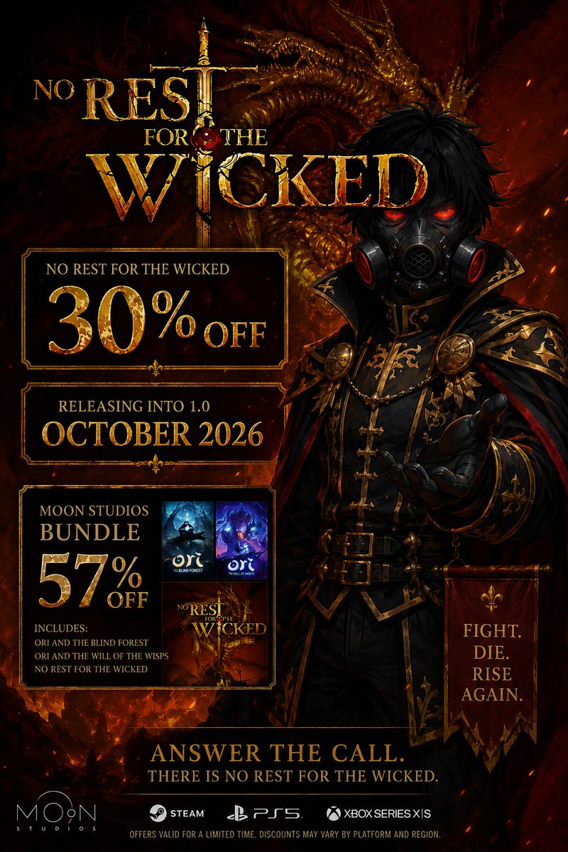 GamingSyndicat5's tweet photo. Today's free promotion goes to No Rest for the Wicked.
Steam summer sale currently going.
Make sure to pick it up before the sale ends.
#norestforthewicked #moonstudio
@moongamestudios @wickedgame https://t.co/JrIwwm52x7