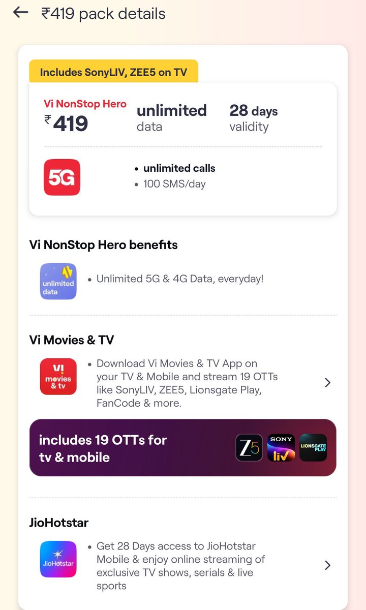 Amanshanu01's tweet photo. Proof attached. ₹419 recharge pack clearly promises SonyLIV, ZEE5 on TV &amp; 19 OTTs, but after recharging these benefits are not available. This is misleading customers. Please resolve this immediately. @ViCustomerCare @SonyLIV @ZEE5India @FIFAWorldCup #Vi #SonyLIV #ZEE5 https://t.co/WMu5S3ge1h