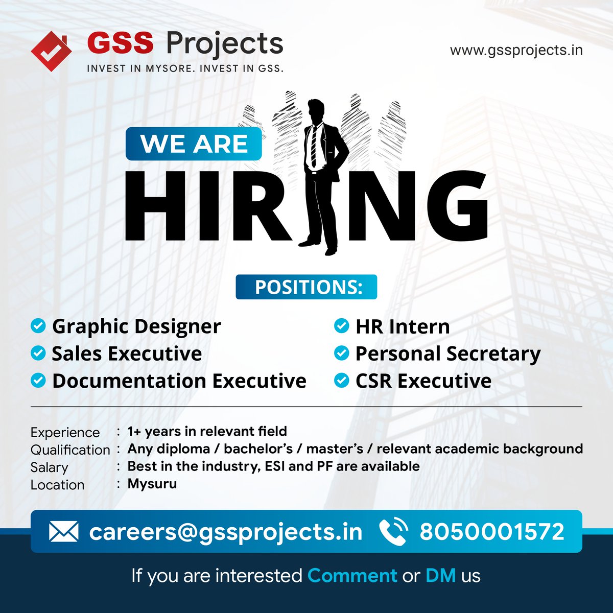 ProjectsGSS's tweet photo. 🚀 We're Hiring | Join the #GSSProjects Team

📌 Open Positions:
🎨 Graphic Designer
💼 Sales Executive
📄 Documentation Executive
👥 HR Intern
🗂️ Personal Secretary
🤝 CSR Executive
📍 Location: Mysuru

📧 Send your resume to: careers@gssprojects.in
📞 Call: 8050001572

#Hiring https://t.co/6IK6GNX0II