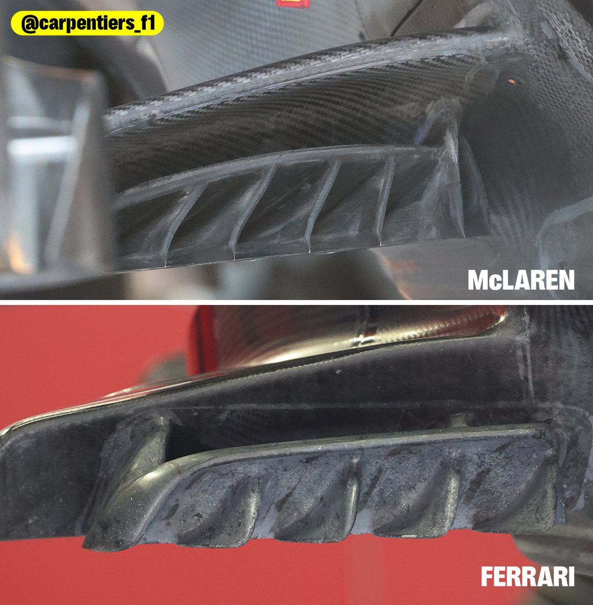 carpentiers_f1's tweet photo. #McLarenF1’s latest update at the #BritishGP deserves a closer look.
At first glance, it seems McLaren has simply copied #FerrariF1 by horizontally splitting the floorboard inlet. In reality, the change goes further.🧐
#F1 #TechF1 https://t.co/L9jtYuSYkg
