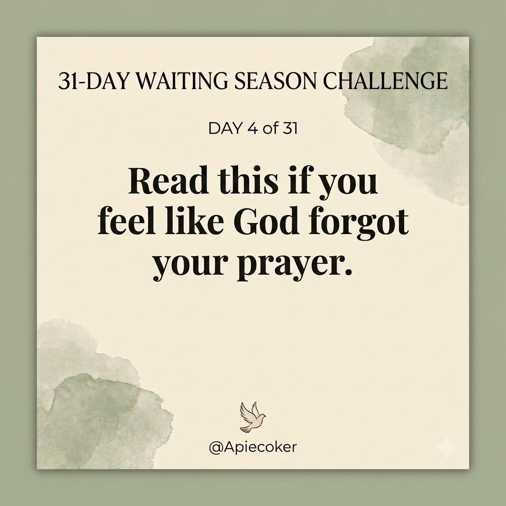 ApieCoker's tweet photo. Day 4 of 31: What to do when you feel forgotten.

When you’ve been praying for the same thing for months or years, the silence can start to feel deeply personal. It’s easy to look around, see everyone else getting their breakthroughs, and wonder: Has God forgotten about me?

👇🏾 https://t.co/0janJfXdhm