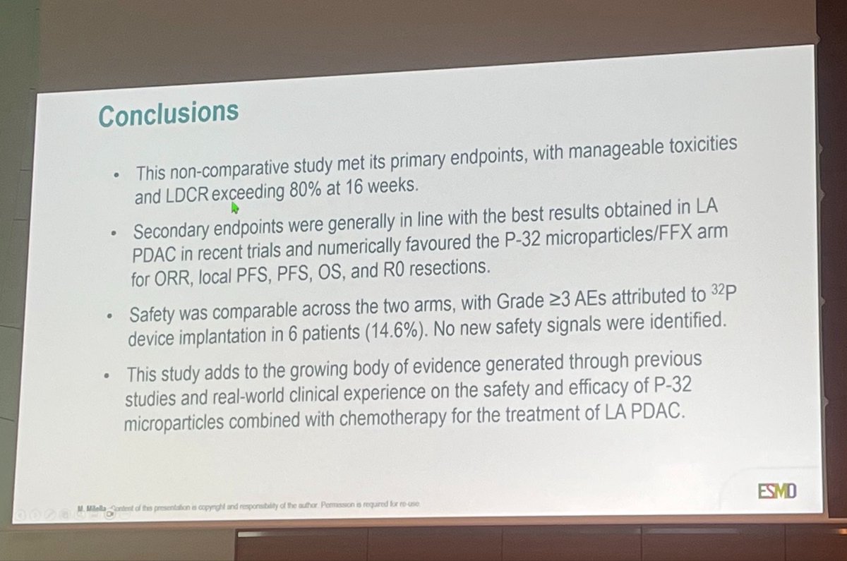 DrAngelaLamarca's tweet photo. Randomised (non-conparative) study #LocallyAdvanced #PDAC at @myESMO #ESMOGI26
👉FOLFIRINOX
👉FOLFIRINOX + P-32 EUS-guided brachytherapy (100Gy)
Similar local disease control (1ry end-point) and resection rate
BUT, may improve PR, R0, PFS and OS (see comment)
#ESMOAmbassadors https://t.co/JF2rXBe6lB