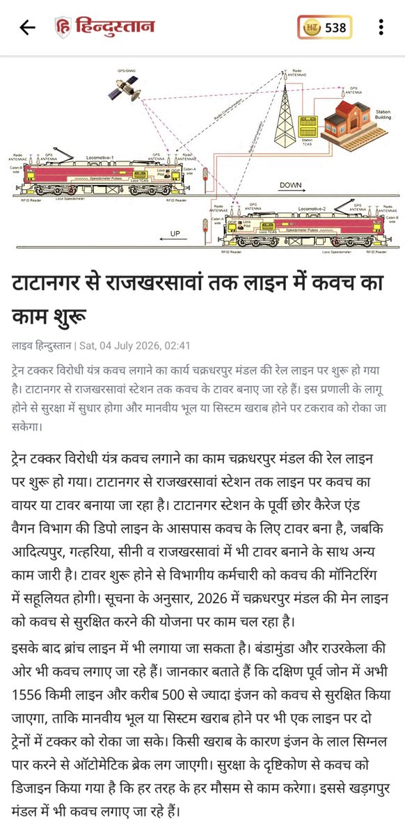 JharkhandRail's tweet photo. 🚨KAVACH installation work has begun on the TATA–RKSN section! 🇮🇳🚆

Appreciate @CKP_Division for taking this crucial step towards a safer railway network. 👏

Kavach is more than just another railway project—it's a life-saving, Made-in-India safety system that helps prevent train collisions, minimizes human error, and protects millions of passengers every day.

Hoping this critical project is completed at the earliest and rapidly extended across the entire CKP Division.

Every kilometre equipped with Kavach is another kilometre of safer Indian Railways.🇮🇳💙

@serailwaykol @RailMinIndia @mpbidyutmahato 

#Kavach #IndianRailways #RailSafety #RailInfra4Jharkhand