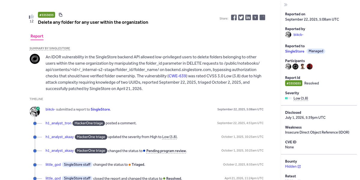 rynosec's tweet photo. ⚡ Delete any folder for any user within the organization 
👨🏻‍💻 @Bl4ckSec ➟ SingleStore 
🟨 Low
💰 None
🔗 https://t.co/ERTmWIAUMb
#bugbounty #bugbountytips #cybersecurity #infosec https://t.co/DX8BBtKB5u