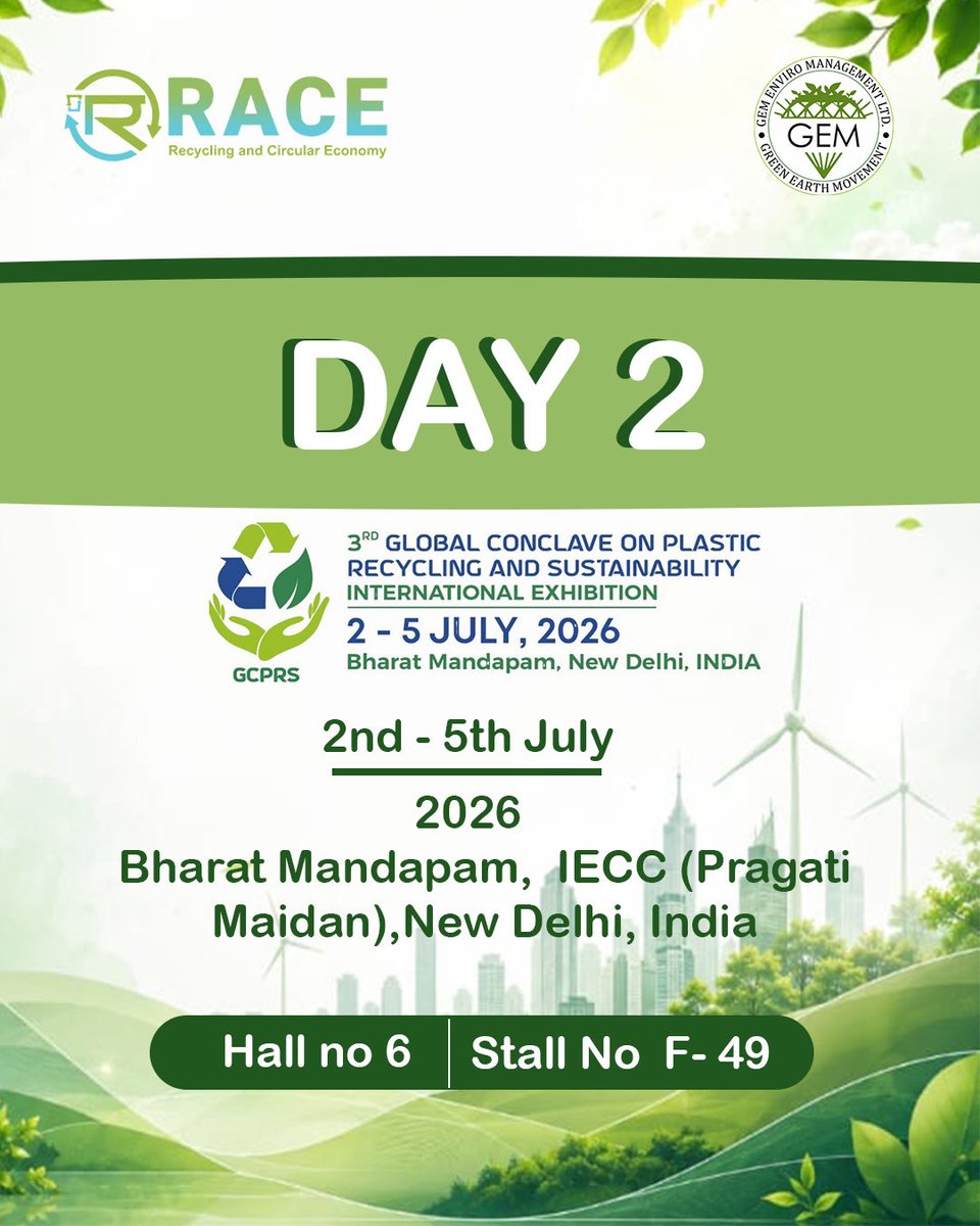 gemenviro's tweet photo. ♻️ Day 2 at the 3rd Global Conclave on Plastic Recycling &amp; Sustainability!

More conversations, more innovation, and more steps toward a circular economy. Visit us at Hall 6, Stall F-49.

🌍 Together for a greener tomorrow.

#RACE #GCPRS2026 #PlasticRecycling #Gem https://t.co/STyi9TX11U